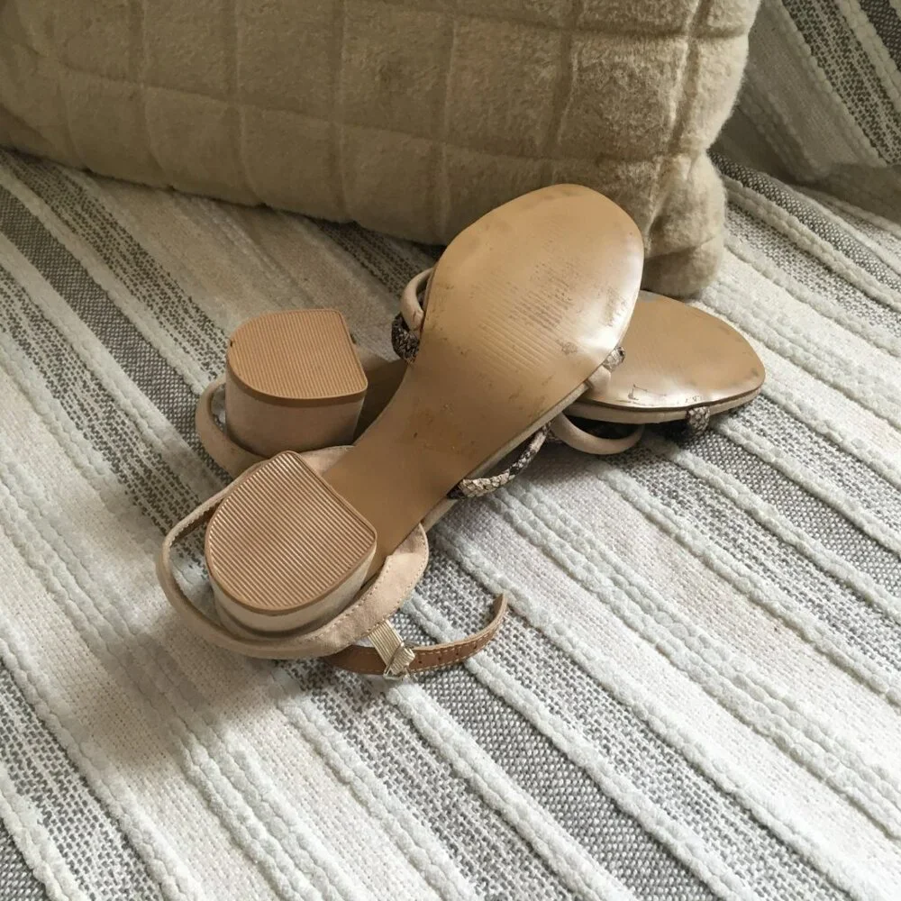 Beige Suede Block Heel Sandals with Snakeskin Straps